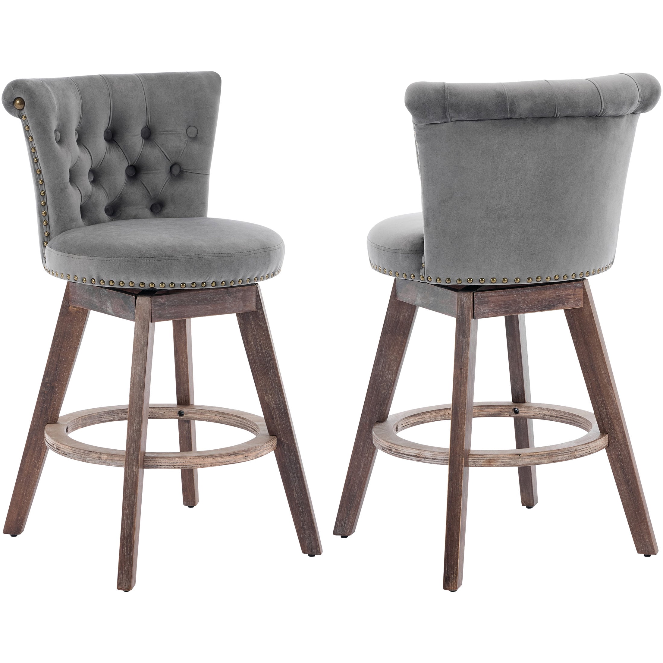 PAPROOS Bar Stools Set of 2, 26" Swivel Counter Height Bar Stools with Back, Upholstered Velvet Kitchen Island Counter Height Chair with Button Tufted Back, Nailhead Trim and Wood Legs, Grey