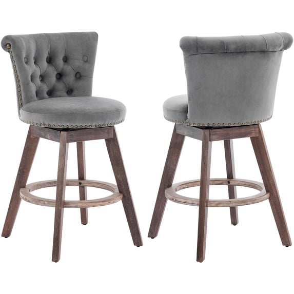 PAPROOS Velvet Bar Stools Set of 2, 26" Swivel Counter Height Bar Stool with Back and Tufted Button, Trimmed Edges, Modern Upholstered Kitchen Island Counter Height Chair with Wood Legs, Grey
