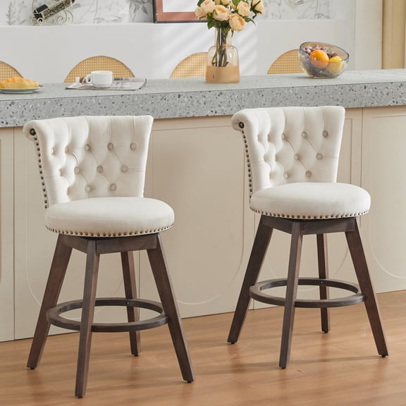Paproos Velvet Bar Stools Set of 2, 26" Swivel Counter Height Bar Stool with Back and Tufted Button, Trimmed Edges, Modern Upholstered Kitchen Island Counter Height Chair with Wood Legs, Beige