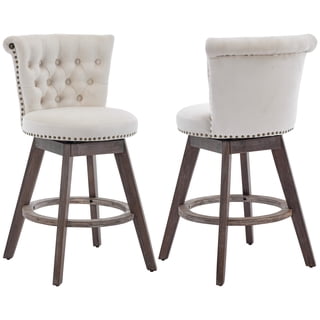 PAPROOS Bar Stools Set of 2, 26" Swivel Counter Height Bar Stools with Back, Upholstered Velvet Kitchen Island Counter Height Chair with Button Tufted Back, Nailhead Trim and Wood Legs, Beige