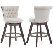 PAPROOS Bar Stools Set of 2, 26 Swivel Counter Height Bar Stools with Back, Upholstered Velvet Kitchen Island Counter Height Chair with Button Tufted Back, Nailhead Trim and Wood Legs, Beige