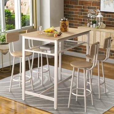 Paproos 5 Piece Kitchen Dining Table Set with Chairs, Bar Height Kitchen Table and Stools Set, Wooden Table Top and Metal Frame, Farmhouse Style Dinette Set for Dining Room Breakfast Nook, White Oak