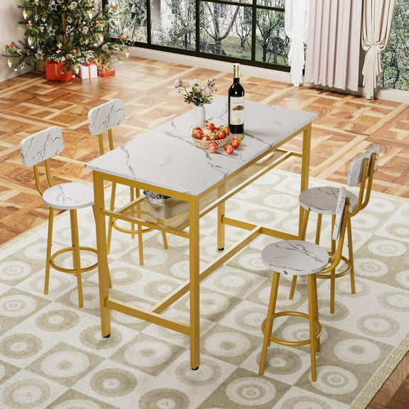 Paproos 5 Piece Dining Table Set, Counter Height Dining Table and 4 Chairs, Bar Table Set for 4, Faux Marble Table Top Kitchen Table with Storage Rack, Dining Room Breakfast Nook, White & Gold