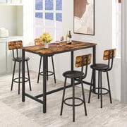 PAPROOS 5 Piece Dining Table Set, Counter Height Dining Set for 4, Bar Table and Bar Stools, Rectangle Kitchen Table Set, Wooden Table and PU Leather Upholstered Chairs, Rustic Brown