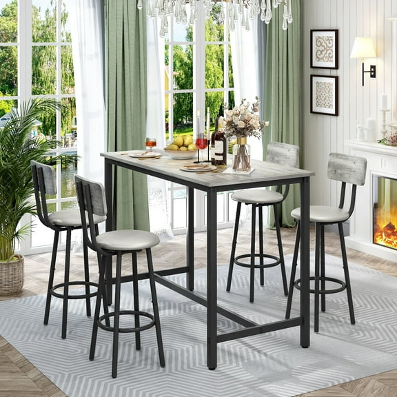 PAPROOS 5 Piece Dining Table Set, Counter Height Dining Set for 4, Bar Table and Bar Stools, Rectangle Kitchen Table Set, Wooden Table and PU Leather Upholstered Chairs, Gray