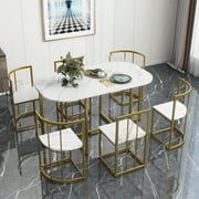 Paproos 7 Piece Dining Table Set, New Upgraded Kitchen Table Set with Faux Marble Tabletop and Metal Frame, Modern Dining Room Table and Chairs Set Compact Dinette Set for 6, White&Gold
