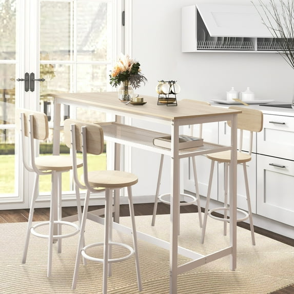 PAPROOS Bar Table Set of 5, 5 Piece Counter Height Dining Table and Chairs Set for Kitchen Breakfast Nook, Dining Room Pub Bistro Table and Bottom Shelf, Kitchen Table Sets with Chairs, White Oak