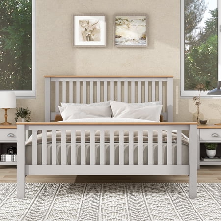 Paproos Bed Frame Queen, New Upgraded Solid Wood Platform Bed with Headboard and Footboard, No Box Spring Needed, Heavy Duty Queen Size Bed Frame with Oak Top for Kids Teens Adults, Gray&Oak