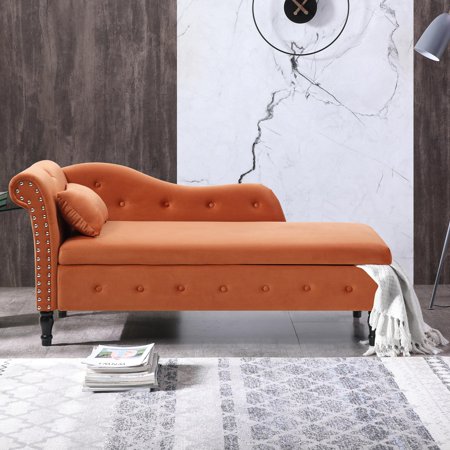 Paproos Chaise Lounge Indoor, Modern Velvet Fabric Sleeper Lounge Sofa with Storage and Pillow, Modern Upholstered Recliner Chair with Nailhead Trim and Solid Wood Legs for Bedroom Living Room, Orange