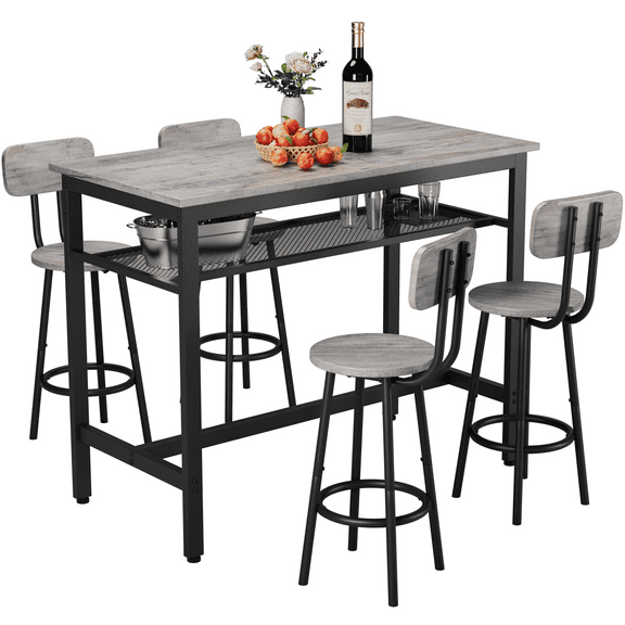 PAPROOS Dining Table Set for 4, Counter Height Dining Table and Chairs Set, Modern Pub Bistro Table with Bottom Storage Shelf, Heavy Duty Dinette Sets for Dining Room Breakfast Nook Kitchen, Gray