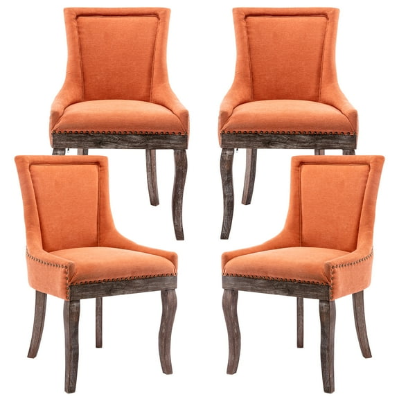 Paproos Dining chairs Set of 4, Upholstered Dining Room Chair with Solid Wood Legs and Bronze-Nail Head, Modern Kitchen Chair with Thick Fabric, Side Dining Chair for Home, Dining Room, Orange