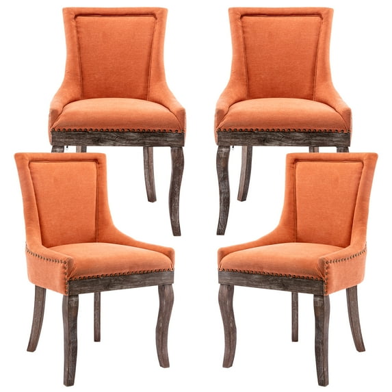 Paproos Dining chairs Set of 4, Upholstered Dining Room Chair with Solid Wood Legs and Bronze-Nail Head, Modern Kitchen Chair with Thick Fabric, Side Dining Chair for Home, Dining Room, Orange