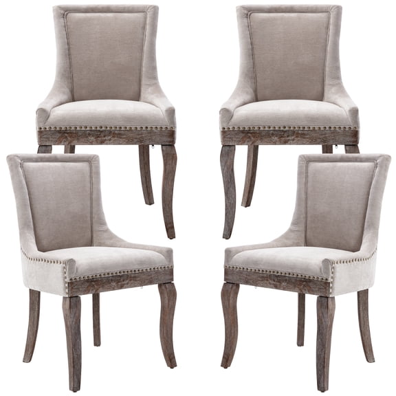 Paproos Dining chairs Set of 4, Upholstered Dining Room Chair with Solid Wood Legs and Bronze-Nail Head, Modern Kitchen Chair with Thick Fabric, Side Dining Chair for Home, Dining Room, Beige
