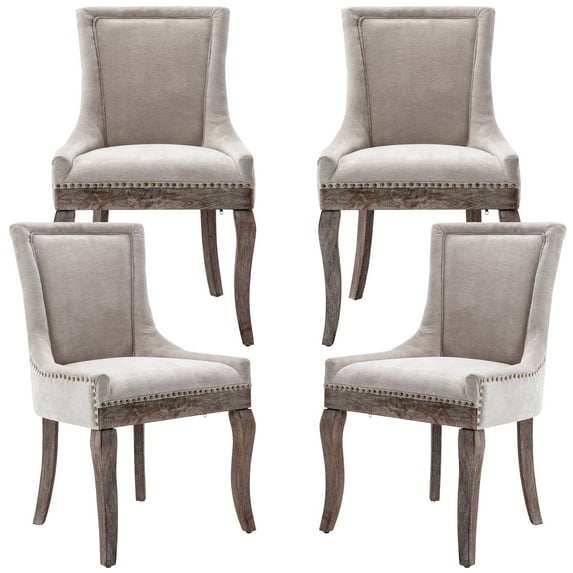 Paproos Dining chairs Set of 4, Upholstered Dining Room Chair with Solid Wood Legs and Bronze-Nail Head, Modern Kitchen Chair with Thick Fabric, Side Dining Chair for Home, Dining Room, Beige