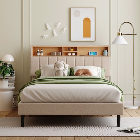 Paproos Full Bed Frame with Storage Headboard and USB Port, Linen Fabric Upholstered Platform Bed with Wooden Slats, Full Size Bed for Kids Teens Adults, No Box Spring Needed, Holds 500lbs, Beige