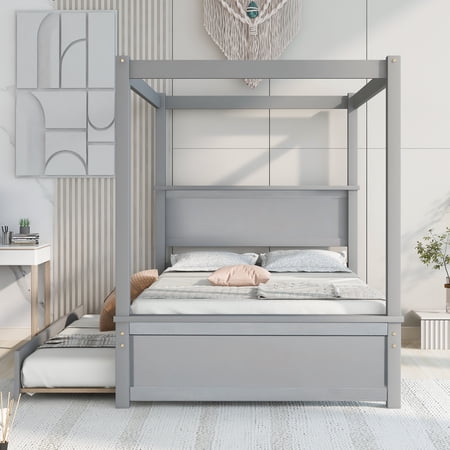 Paproos Full Canopy Bed with Trundle Bed, New Upgraded Wood Canopy Platform Bed with Headboard and Strong Slats Support, No Box Spring Needed, Full Size Canopy Bed, Gray