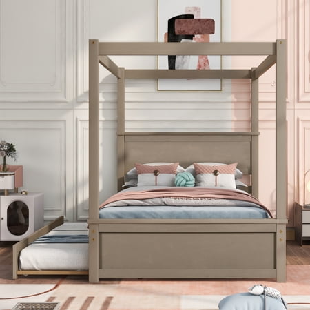 Paproos Full Canopy Bed with Trundle Bed, New Upgraded Wood Canopy Platform Bed with Headboard and Wooden Slats Support, No Box Spring Needed, Full Size Canopy Bed, Light Brown
