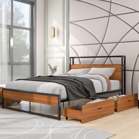 Paproos Full Size Bed Frame with 2 Storage Drawers, Heavy Duty Metal Platform Bed with Sockets, USB Ports, and Slats Support, Full Bed with Headboard and Footboard, No Box Spring Needed, Black