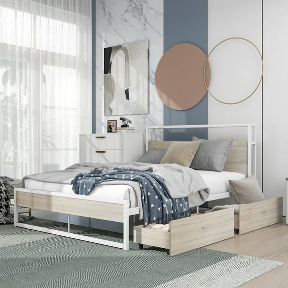 Paproos Full Size Bed Frame with 2 Storage Drawers, Heavy Duty Metal Platform Bed with Sockets, USB Ports, and Slats Support, Full Bed with Headboard and Footboard, No Box Spring Needed, White