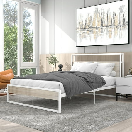 Paproos Full Size Bed Frame, New Upgraded Metal Platform Bed Frame with Sockets and USB Ports, Strong Metal Slats Support, Full Bed Frame with Headboard and Footboard, No Box Spring Needed, White