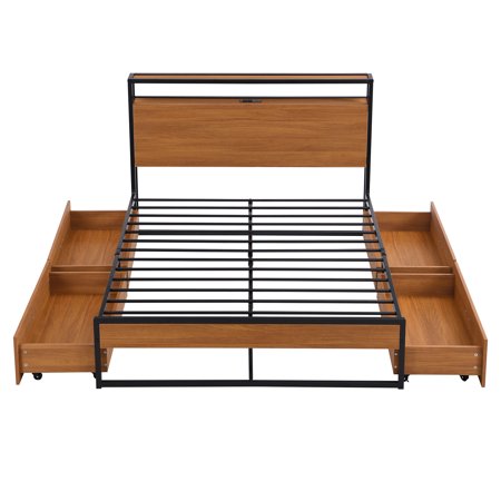Paproos Full Size Bed Frame with USB Ports, New Upgraded Metal Platform Bed with Sockets and 4 Storage Drawers, Full Bed with Headboard and Footboard, No Box Spring Needed, 440lbs Capacity, Black