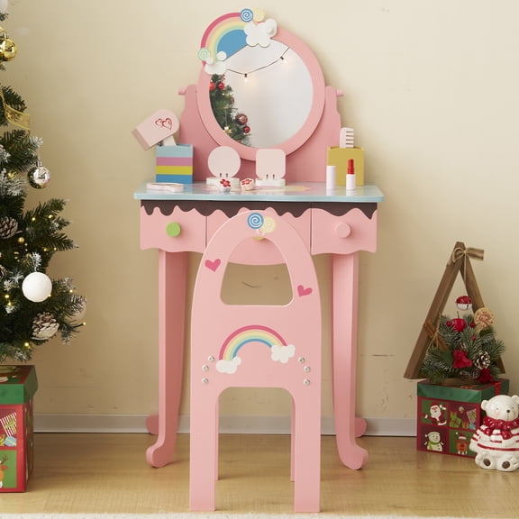Paproos Kids Vanity with Mirror, Wood Girls Vanity Set with Drawers & Stool, Princess Toddler Dressing Table with 7Pcs Pretend Play Makeup Toys, Makeup Vanity Table for Littler Girls Aged 3+, Pink