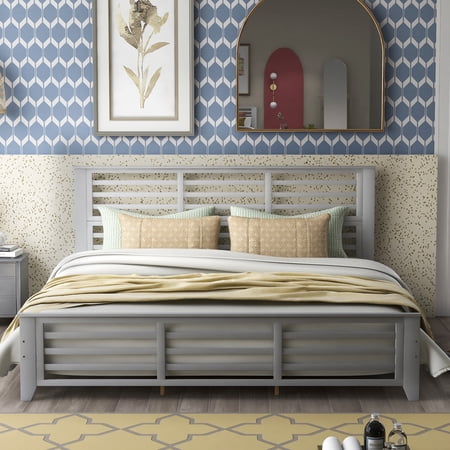 Paproos King Bed Frame, Solid Pine Wood Platform Bed with Headboard and Footboard, No Box Spring Needed, Heavy Duty King Size Bed Frame with Strong Slats for Teens Adults, 400lbs Capacity, Gray