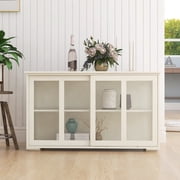 Paproos Kitchen Storage Cabinet, Wood Sideboard Buffet Cabinet with Sliding Glass Door & Adjustable Shelf, Modern Kitchen Storage Cupboard for Living Room, Hallway, White