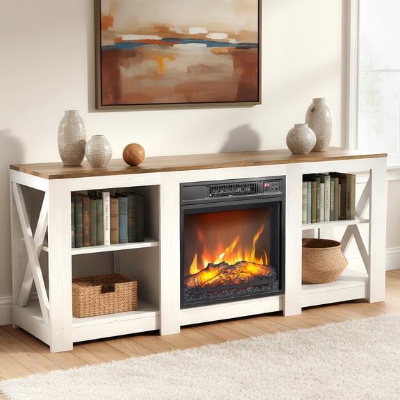 PAPROOS Fireplace TV Stand for 70 Inch TV, Farmhouse TV Stand with 18''Electric Fireplace, Entertainment Center with Adjustable Shelves, TV Console Media Console Table for Living Room, White & Brown