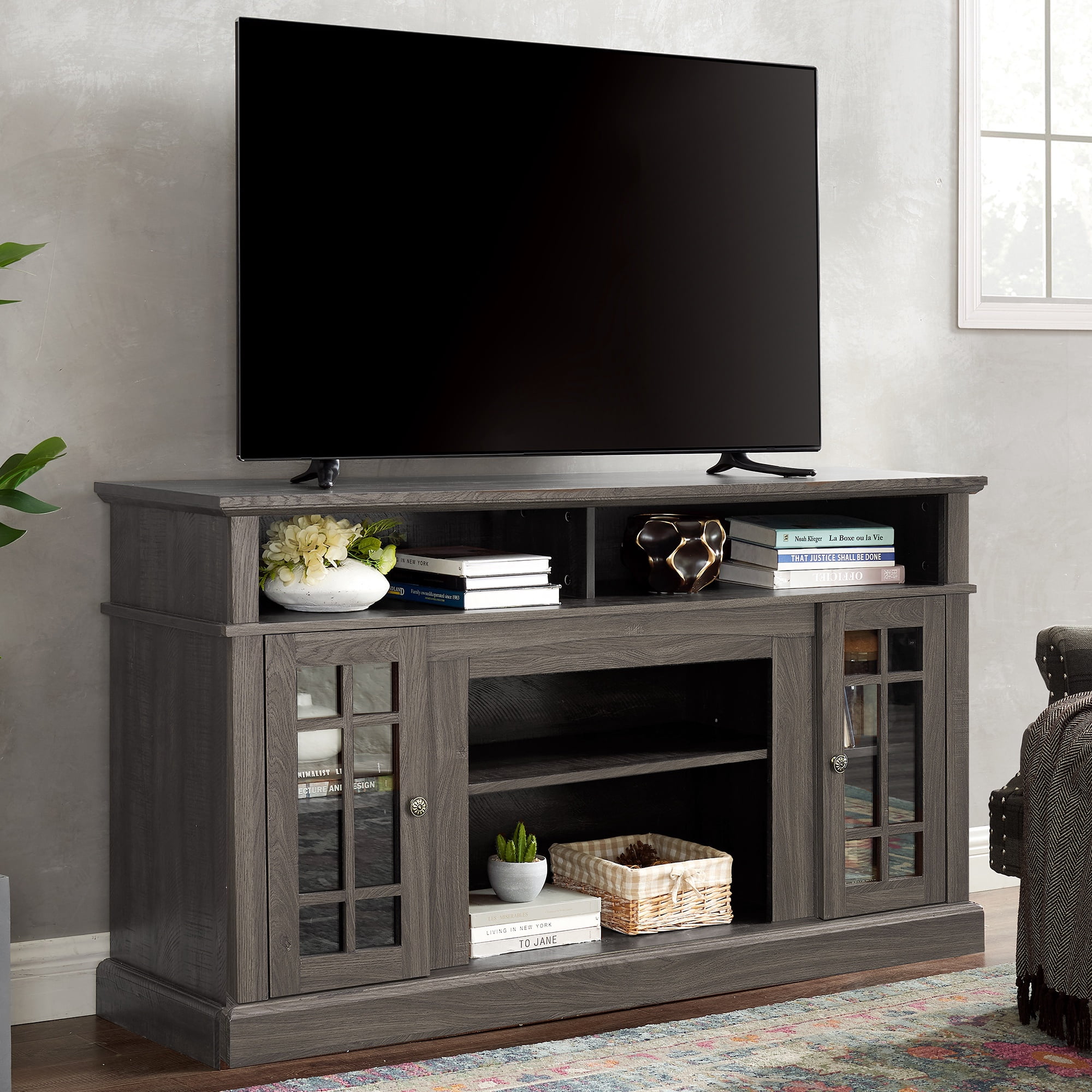 PAPROOS TV Stand for 65 Inch TV, Farmhouse Entertainment Center with 2 Doors & Adjustable Shelves, TV Console Table Media Console Cabinet for Living Room, Dark Gray