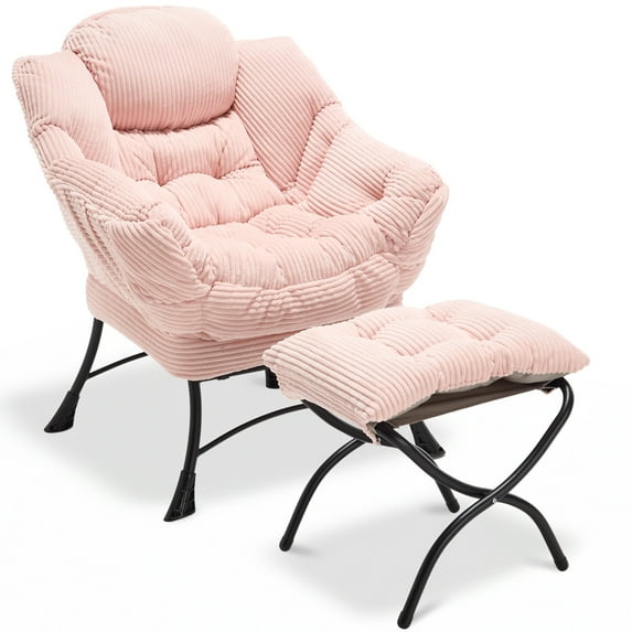 PAPROOS Lazy Chair with Foldable Ottoman, Flannelette Fabric Accent Chair and Footrest Stool Set, Comfy Lounge Arm Chair with Footstool Set, Reading Chair Leisure Sofa Chair for Living Room, Pink