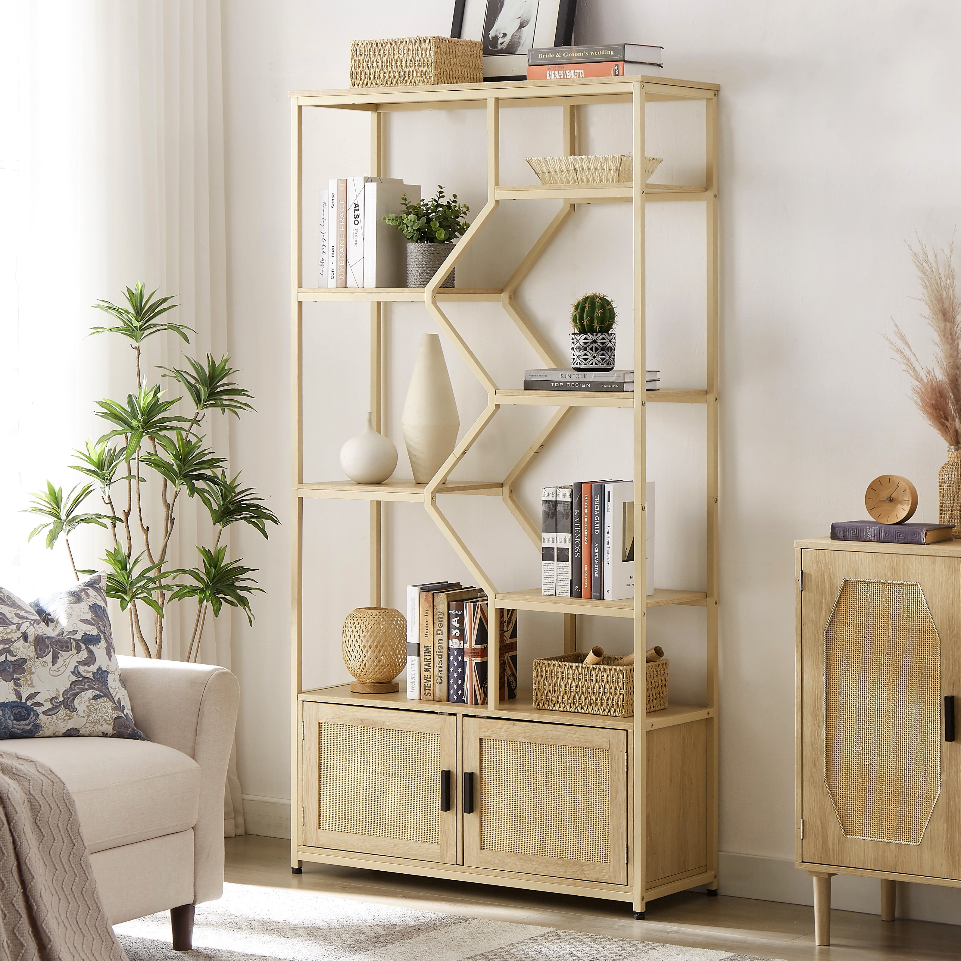 Paproos Natural Bookshelf with 2 Cabinets, 7-Tier Tall Bookcase Large ...