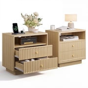 PAPROOS Nightstand with Charging Station, Large 2 Drawers Nightstand with Motion Sensor Light and Curved Corner Design, Fluted Extra Wide Bedside Table for Bedroom, Natural Oak