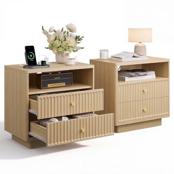 PAPROOS 22.8'' Fluted Nightstand Set of 2, Large 2 Drawers Bedside Table with Charging Station and LED Light, Curved Corner Design Storage Night Stand End Table for Bedroom, Living Room, Natural Oak
