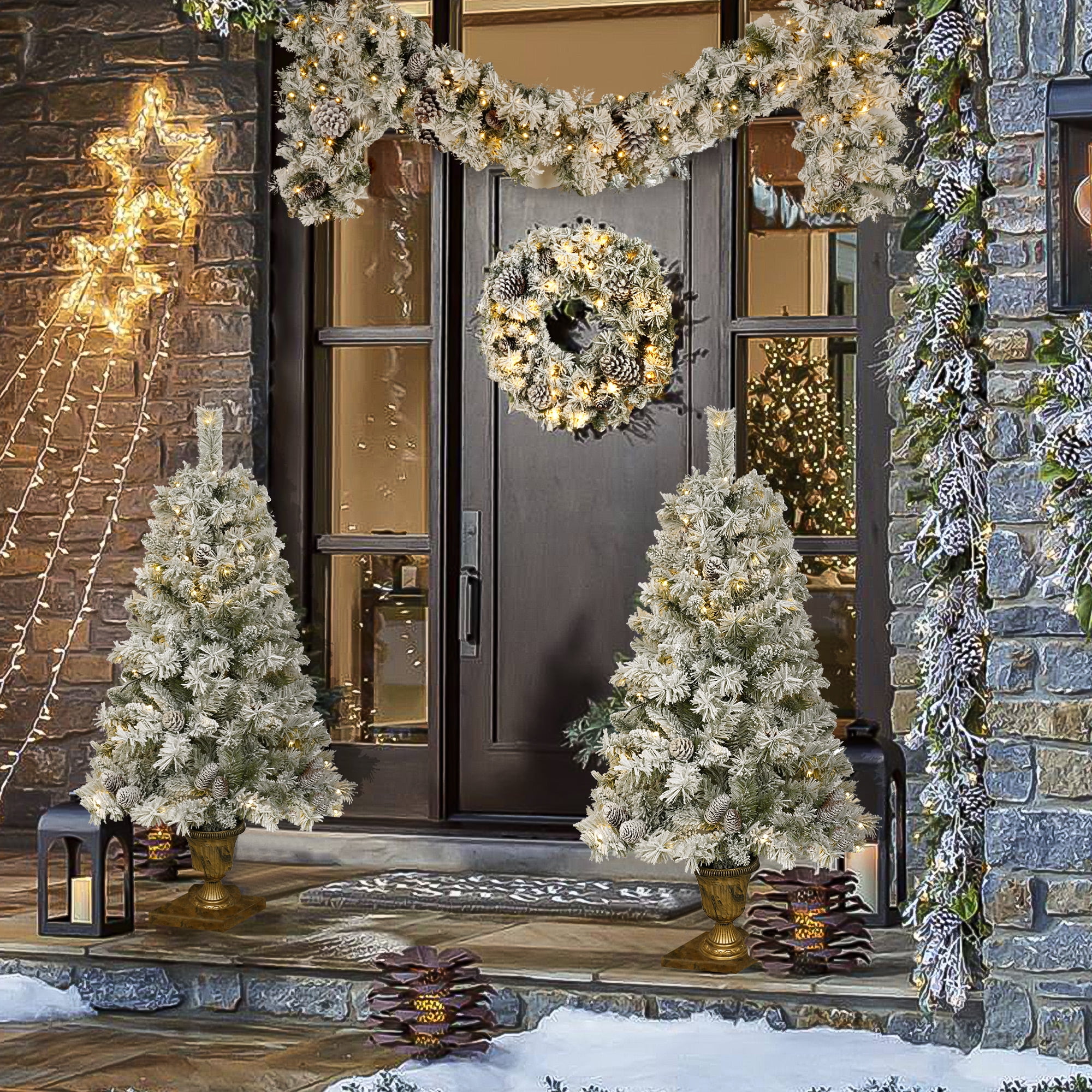 front porch pre lit christmas trees