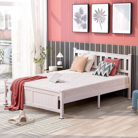 PAPROOS Queen Bed Frame with Headboard and Footboard, Modern Wood Platform Bed with Strong Wooden Slats, No Box Spring Needed, Queen Size Bed Frame for Teens Adults, White