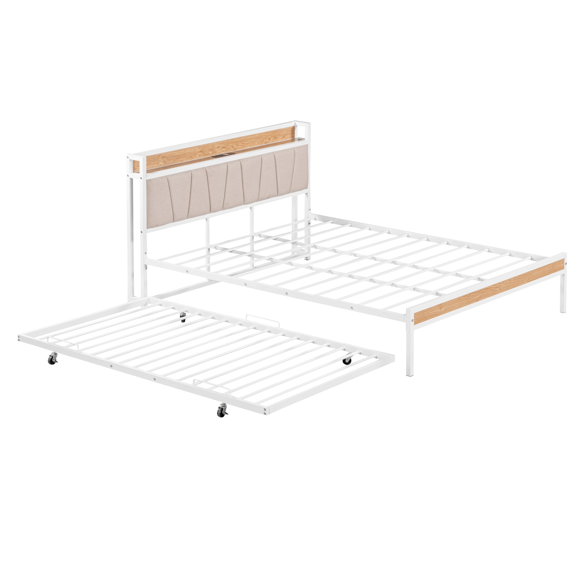 Queen Size Metal Platform Bed Frame with Trundle and USB Ports