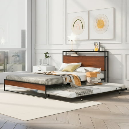 Paproos Queen Size Metal Platform Bed with Trundle, Heavy Duty Bed Frame with Charging Station and Headboard, No Box Spring Needed, Modern Queen Bed Frame with USB Ports and Slat Support, Black