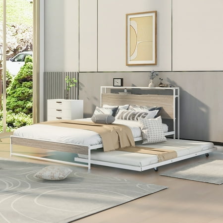 Paproos Queen Size Metal Platform Bed with Trundle, Heavy Duty Bed Frame with Charging Station and Headboard, No Box Spring Needed, Modern Queen Bed Frame with USB Ports and Slat Support, White