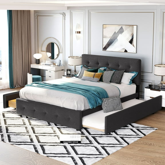 Paproos Queen Size Upholstered Platform Bed with 2 Drawers and Twin Size Trundle, Modern Upholstered Linen Fabric Storage Bed, Queen Bed Frame with Headboard, No Box Spring Needed, Dark Gray
