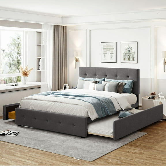 Paproos Queen Size Upholstered Platform Bed with 2 Drawers and Twin Size Trundle, Modern Upholstered Linen Fabric Storage Bed, Queen Bed Frame with Headboard, No Box Spring Needed, Light Gray