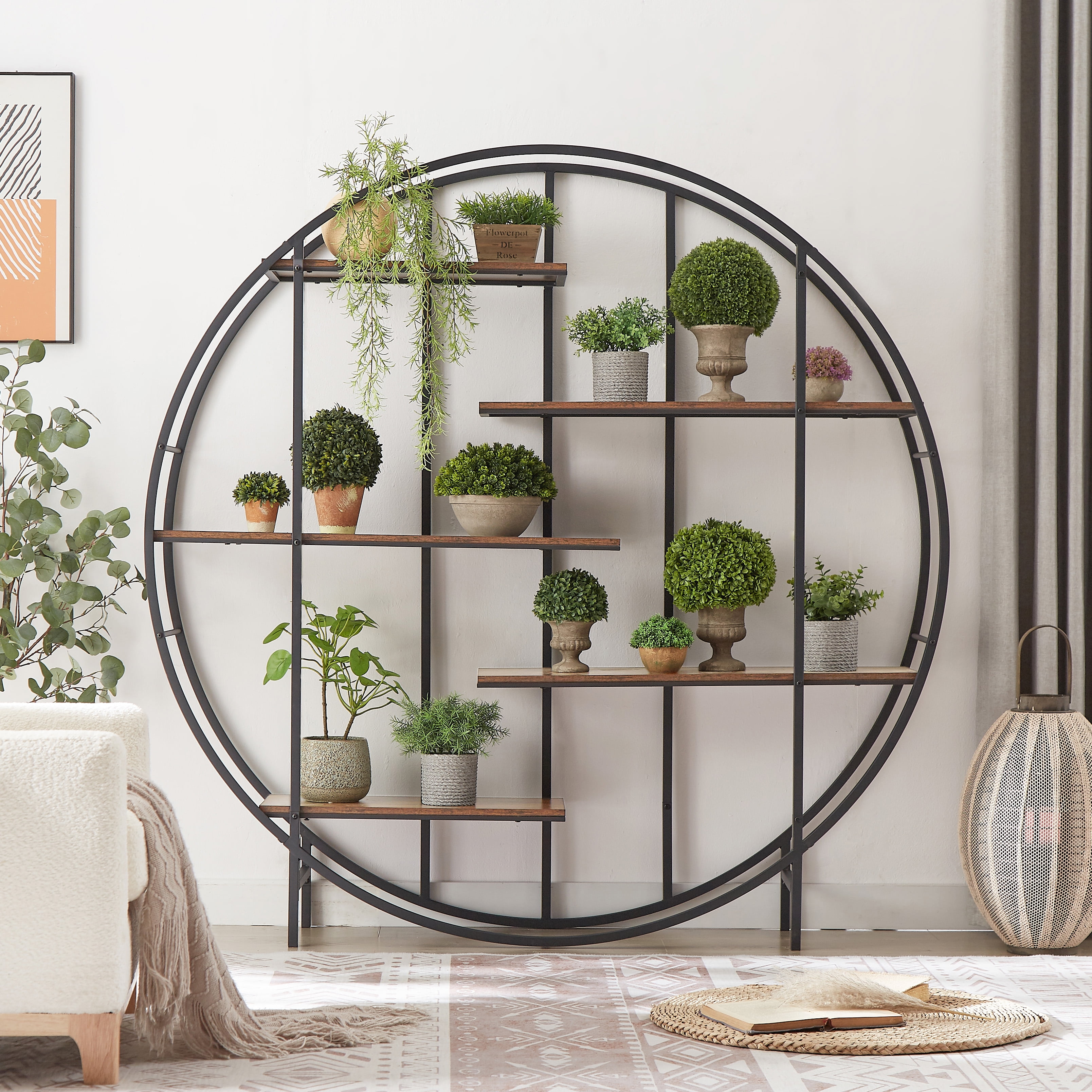 Paproos Round 5 Tier Brown Bookcase Plant Stand Large Bookshelf with Black Metal Frame and Wooden Shelves Metal Bookshelves Display Shelf Unit
