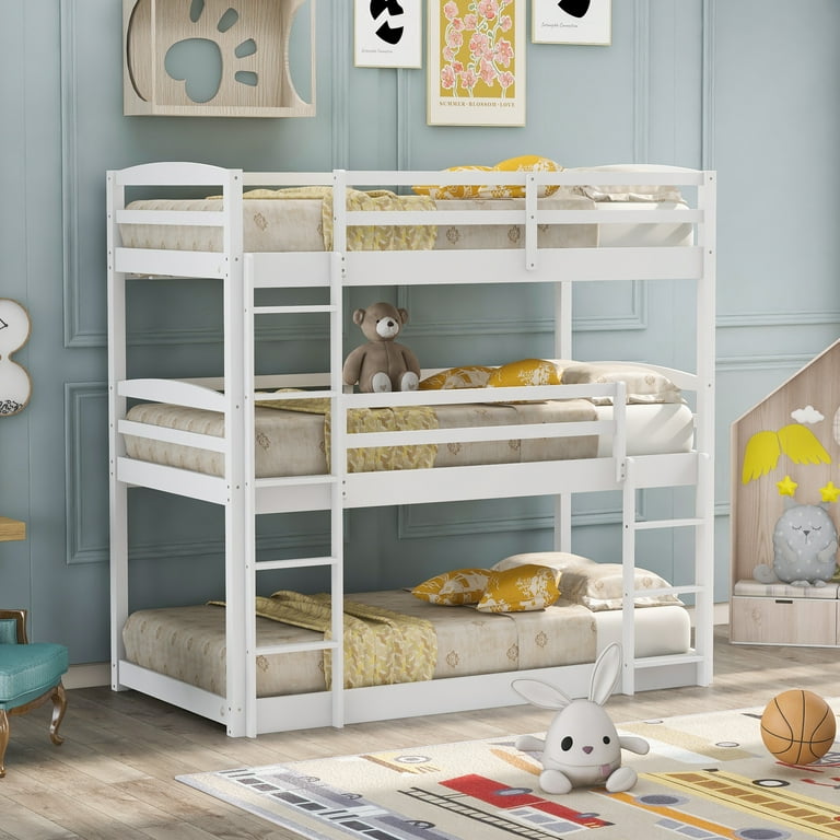 Paproos Triple Bunk Bed for Children Solid Wood Triple Bunk Bed Frame with Guard Rail and Ladders Convertible to Platform Bed and Low Bunk Bed Triple Bunk Beds for Kids Teens Twin Twin Twin