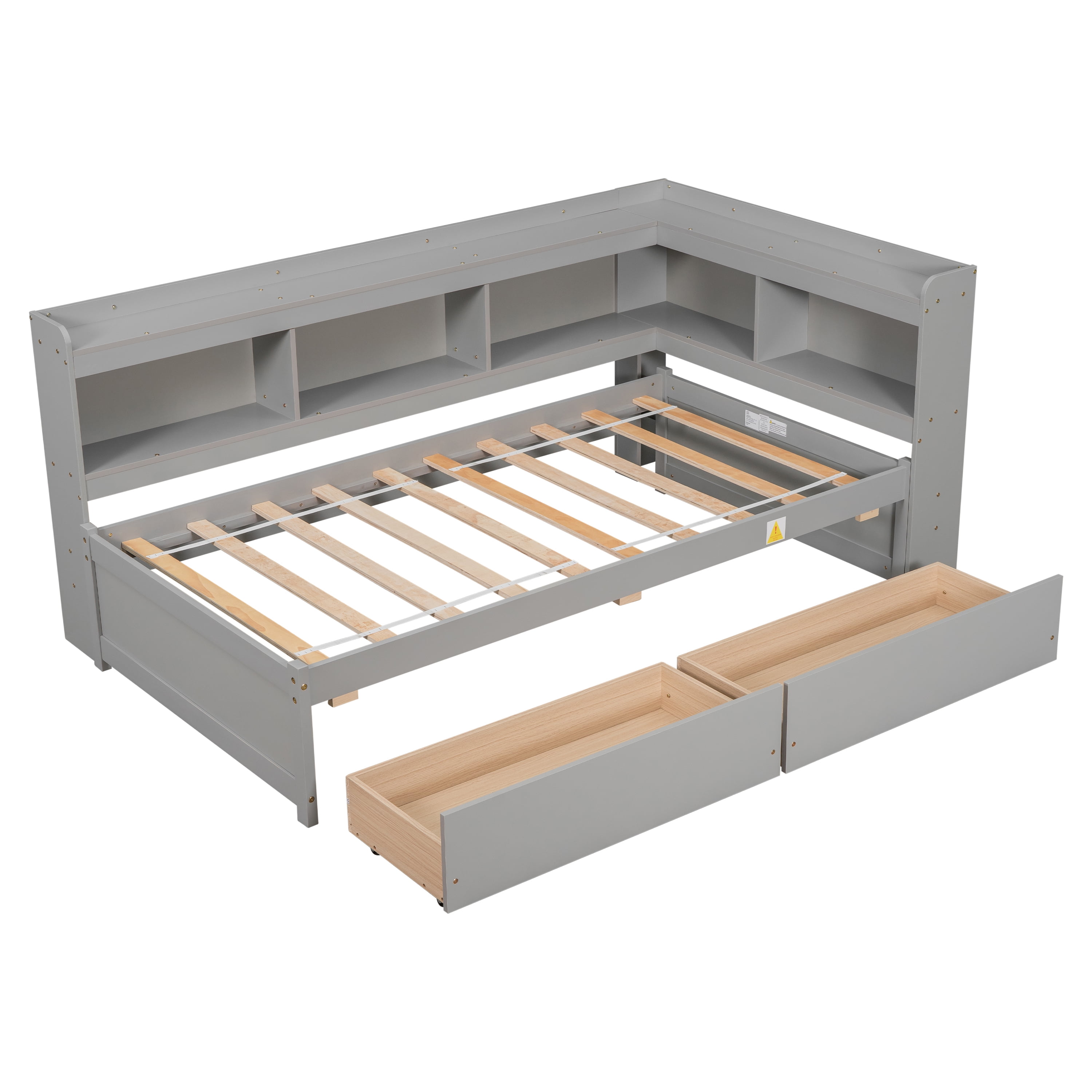 Paproos Twin Bed with Drawers, Modern Wood Platform Bed with L-shaped ...