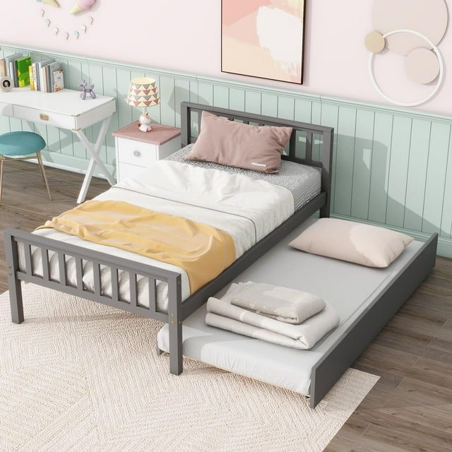 Paproos Twin Size Wood Platform Bed with Trundle, Twin Bed Frame with Headboard and Footboard, Modern Daybed for Kids Teens Adults, No Box Spring Needed, Gray