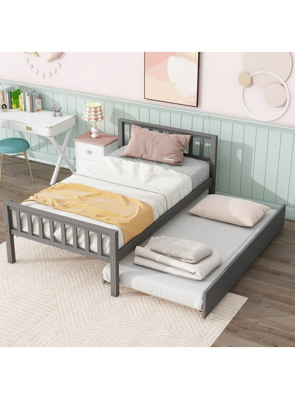 Paproos Twin Size Wood Platform Bed with Trundle, Twin Bed Frame with Headboard and Footboard, Modern Daybed for Kids Teens Adults, No Box Spring Needed, Gray