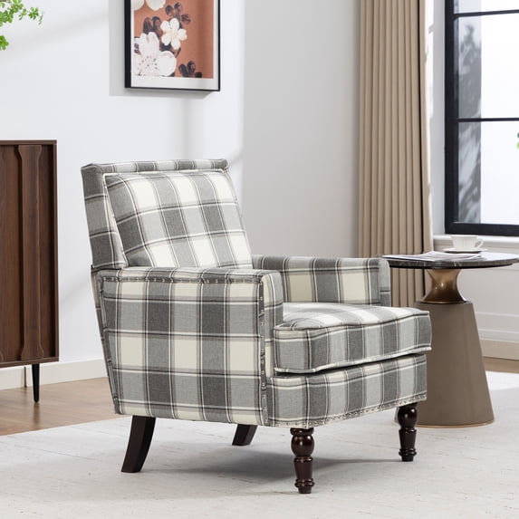 Paproos Upholstered Accent Chair Set of 2, Vintage Arm Chair with Grey and Tan Striped Linen Fabric, Nailhead Trim, Comfort Reading Chair Lounge Chair, Armchair for Living Room, Bedroom, Antique Grey