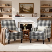 Paproos Upholstered Accent Chair Set of 2, Vintage Grey Tan Striped Linen Arm Chairs with Nailhead Trim, Comfy Reading Lounge Chairs for Living Room & Bedroom, Antique Grey