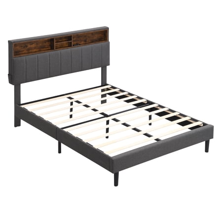Paproos Upholstered Platform Bed with Storage Headboard and USB Port, New Upgraded Full Size Linen Upholstered Bed Frame, No Box Spring Needed, Full Bed Frame for Teens Adults, Holds 500lbs, Gray
