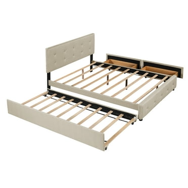 Paproos Upholstered Platform Bed with Storage, Queen Size Upholstered Linen Platform Bed with 2 Drawers and Twin Size Trundle Bed, Queen Bed Frame with Headboard, No Box Spring Needed, Dark Beige